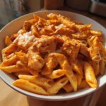 Close-up of a bowl filled with One Pot Creamy Tomato Pasta with Chicken, coated in a rich orange sauce and topped with melted cheese.