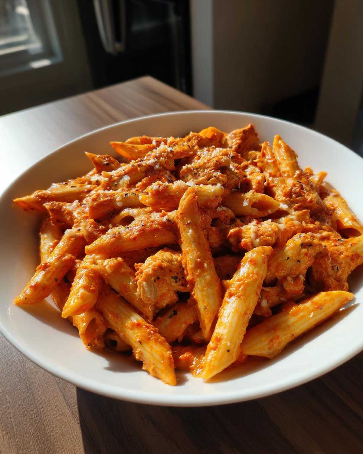 A close-up bowl filled with One Pot Creamy Tomato Pasta with Chicken, topped with grated cheese.