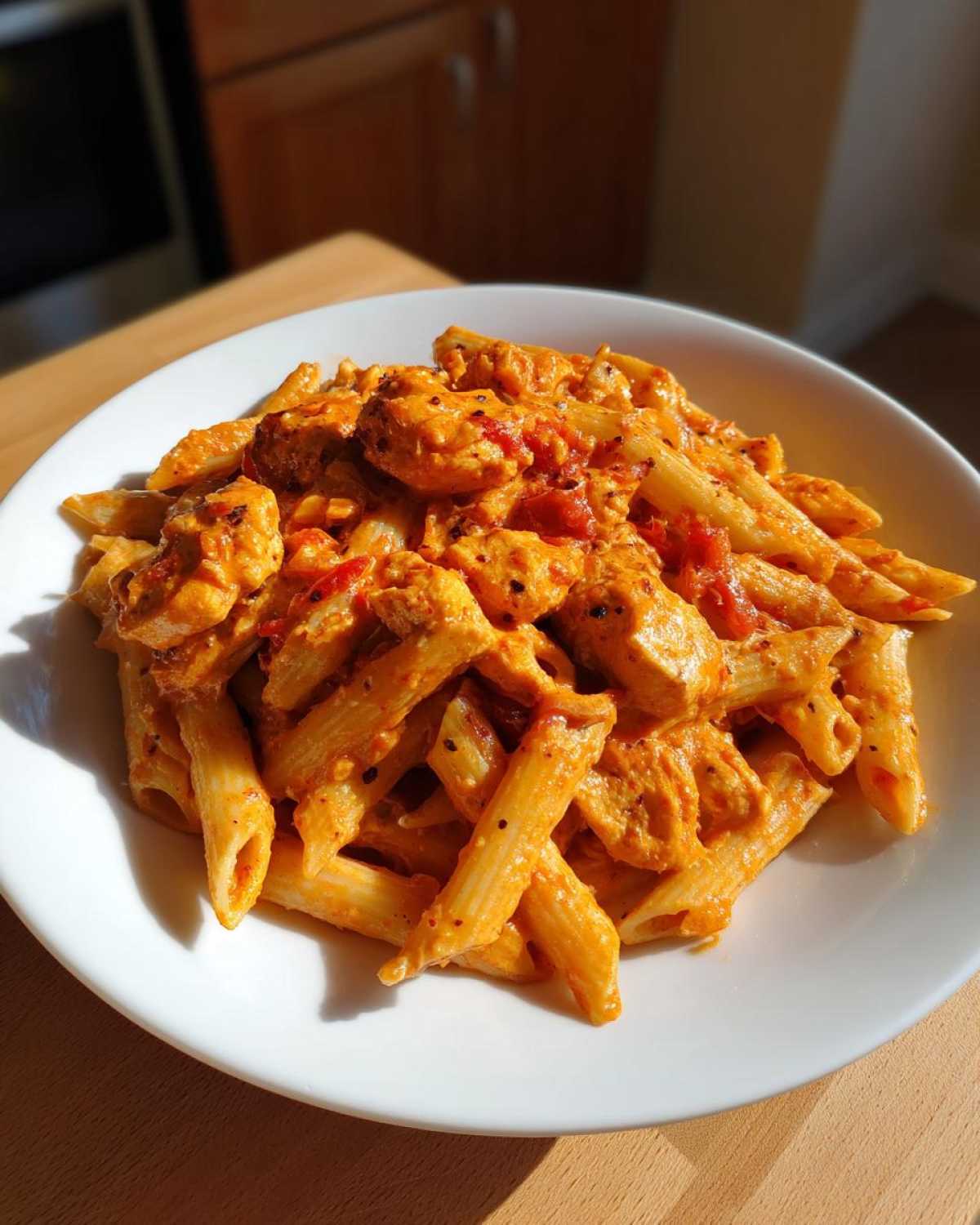 A close-up of One Pot Creamy Tomato Pasta with Chicken served in a white bowl, rich in orange sauce.