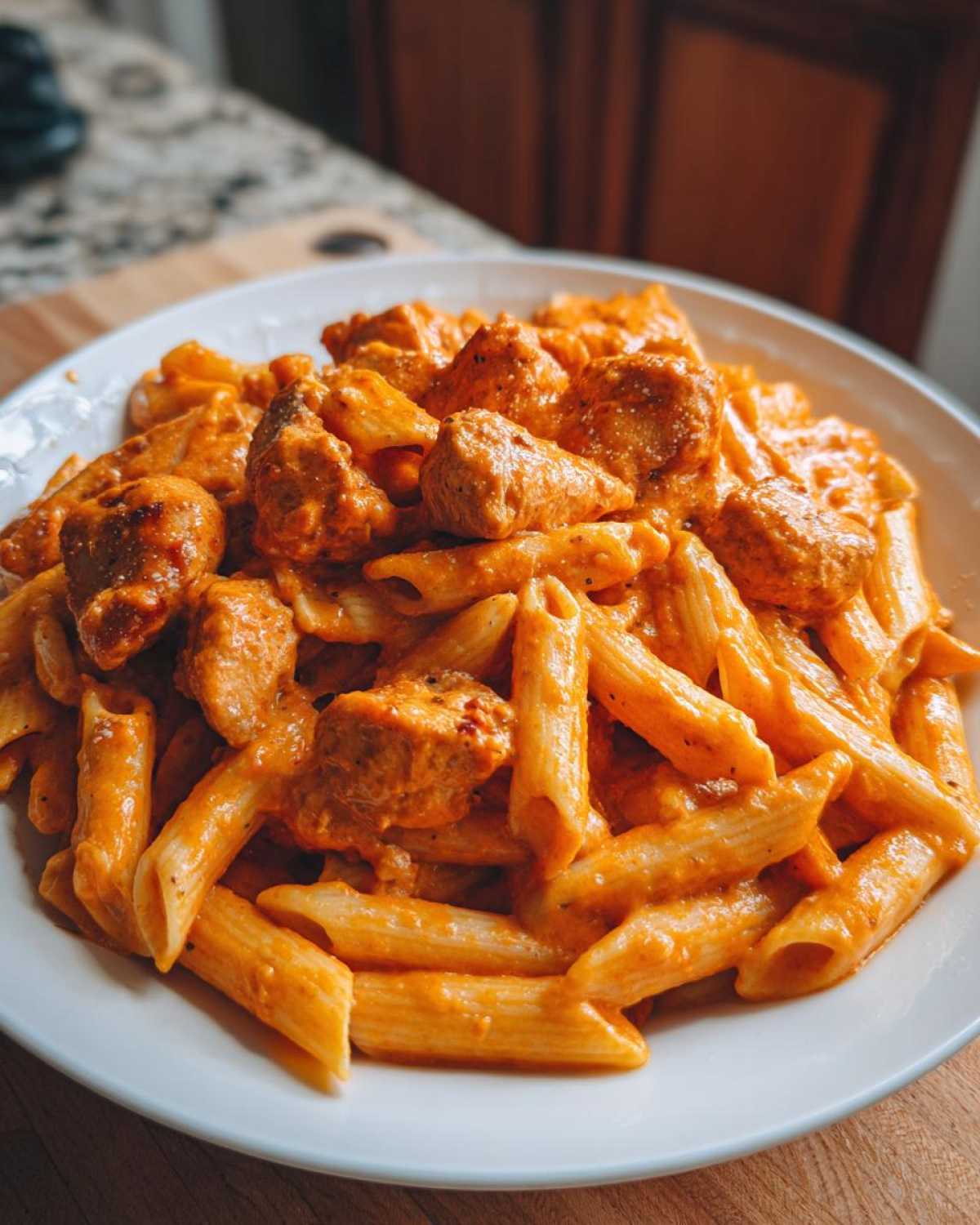 Close-up of a white bowl filled with One Pot Creamy Tomato Pasta with Chicken and penne noodles.