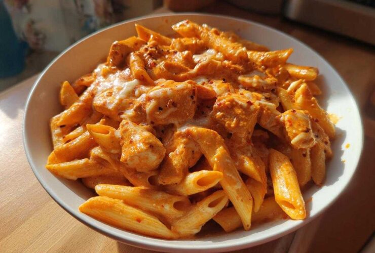 Close-up of a bowl filled with One Pot Creamy Tomato Pasta with Chicken, coated in a rich orange sauce and topped with melted cheese.
