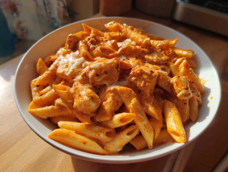 Close-up of a bowl filled with One Pot Creamy Tomato Pasta with Chicken, coated in a rich orange sauce and topped with melted cheese.