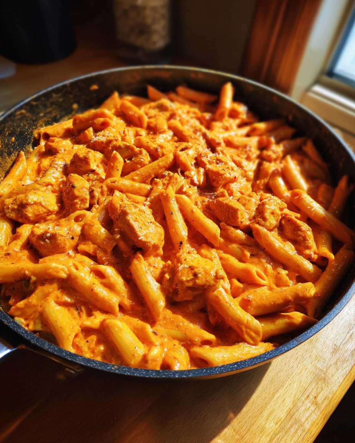Close-up of One Pot Creamy Tomato Pasta with Chicken coated in a rich orange sauce, served directly in the cooking skillet.