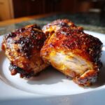 Close-up of juicy, oven roasted Honey Mustard Chicken Thighs with caramelized, glossy skin.