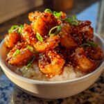 Close-up of a white bowl filled with fluffy white rice topped high with glistening Spicy Honey Garlic Shrimp, garnished with sesame seeds and green onions.
