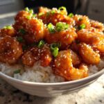 A close-up of a white bowl filled with white rice topped generously with glazed Spicy Honey Garlic Shrimp, garnished with sesame seeds and green onions.