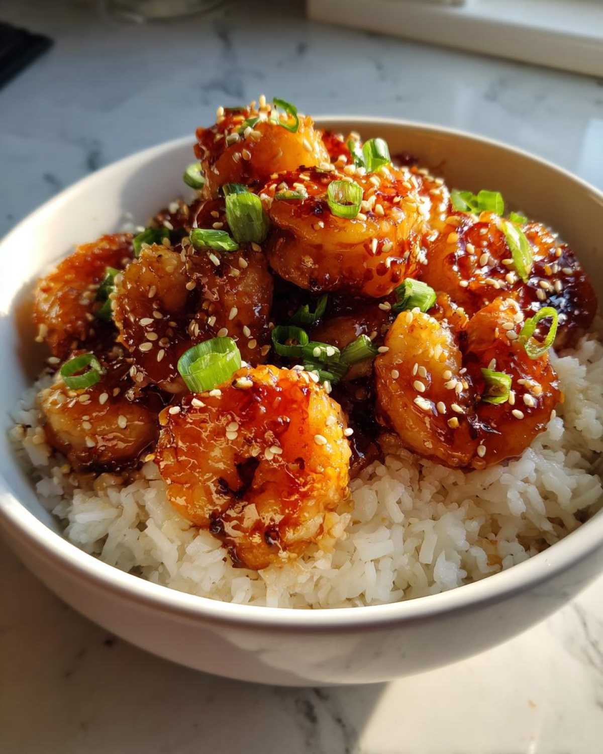 Close-up of a bowl filled with white rice topped with glazed Spicy Honey Garlic Shrimp, garnished with sesame seeds and green onions.