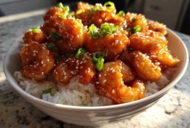 A close-up of a white bowl filled with white rice topped generously with glazed Spicy Honey Garlic Shrimp, garnished with sesame seeds and green onions.