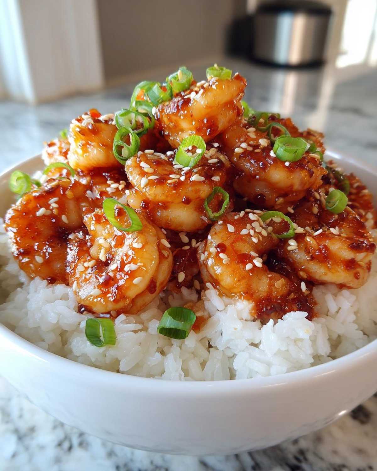 Close-up of Spicy Honey Garlic Shrimp piled high over white rice, garnished with sesame seeds and green onions.