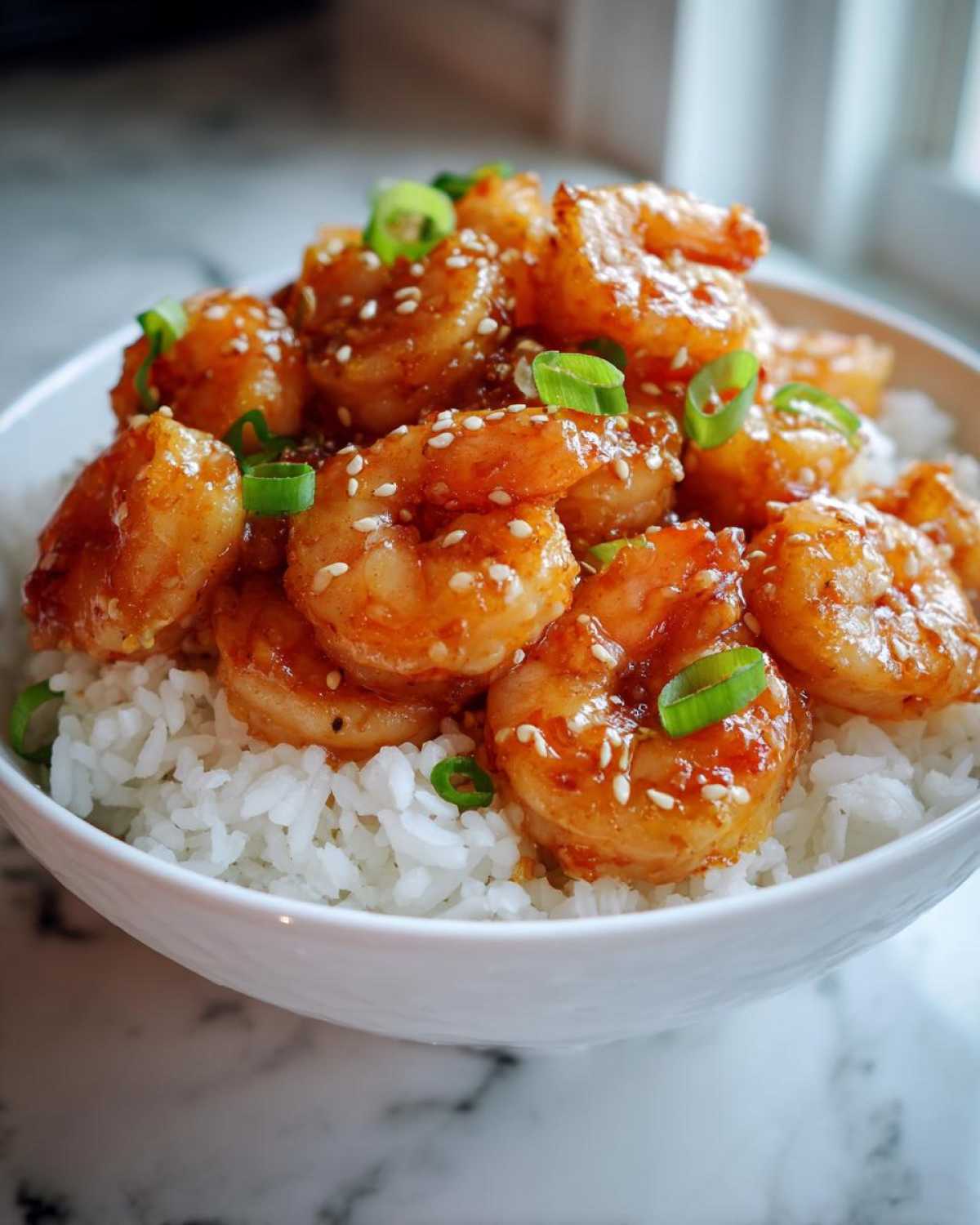 Close-up of Spicy Honey Garlic Shrimp glazed and topped with sesame seeds over white rice in a bowl.