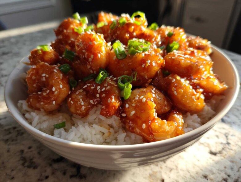 A close-up of a white bowl filled with white rice topped generously with glazed Spicy Honey Garlic Shrimp, garnished with sesame seeds and green onions.