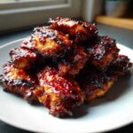 A close-up of a pile of Sticky BBQ Chicken Bites with deeply caramelized, glossy edges served on a white plate.