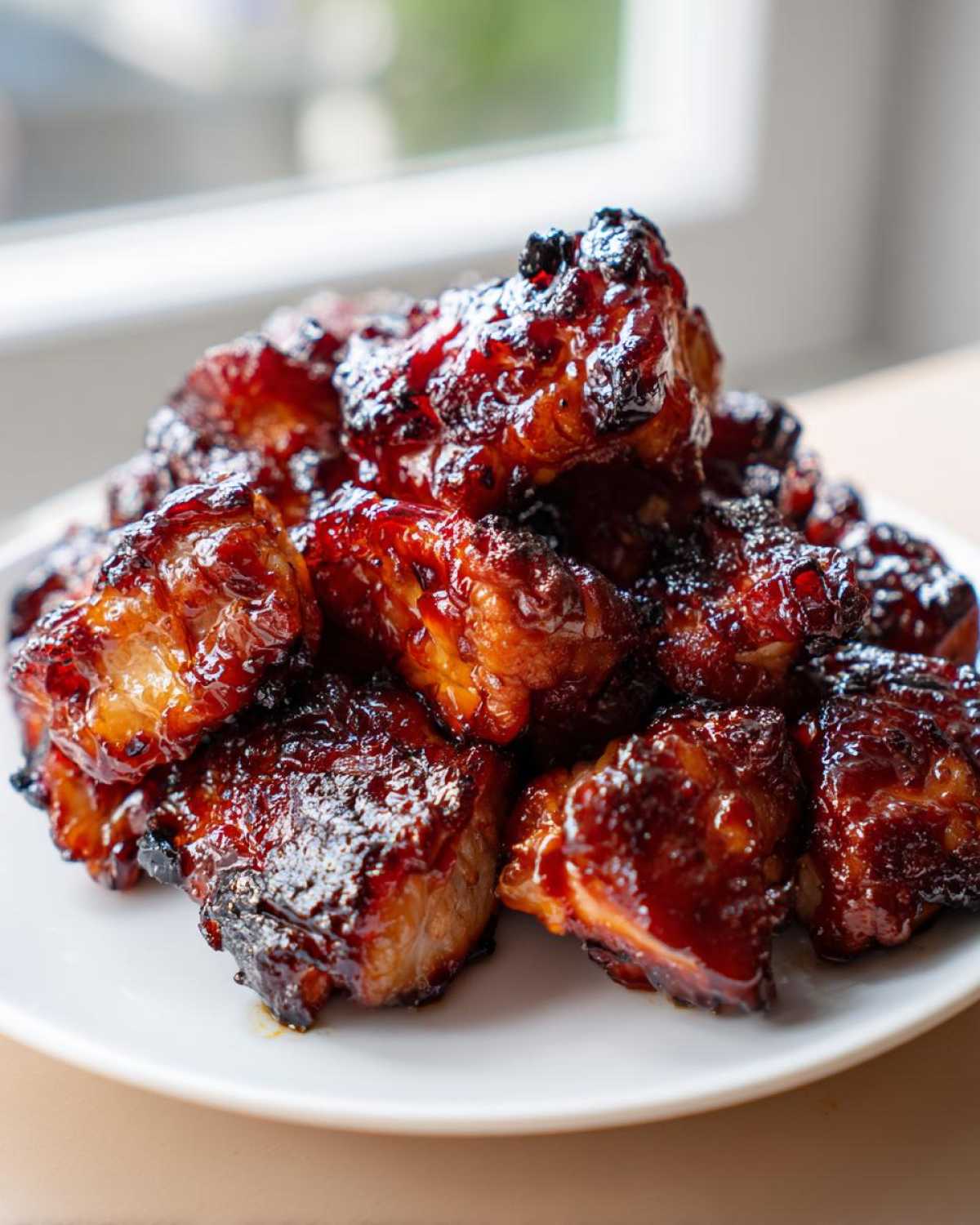 A close-up photo of a mound of Sticky BBQ Chicken Bites piled high on a white plate, showing a glossy, dark caramelized glaze.