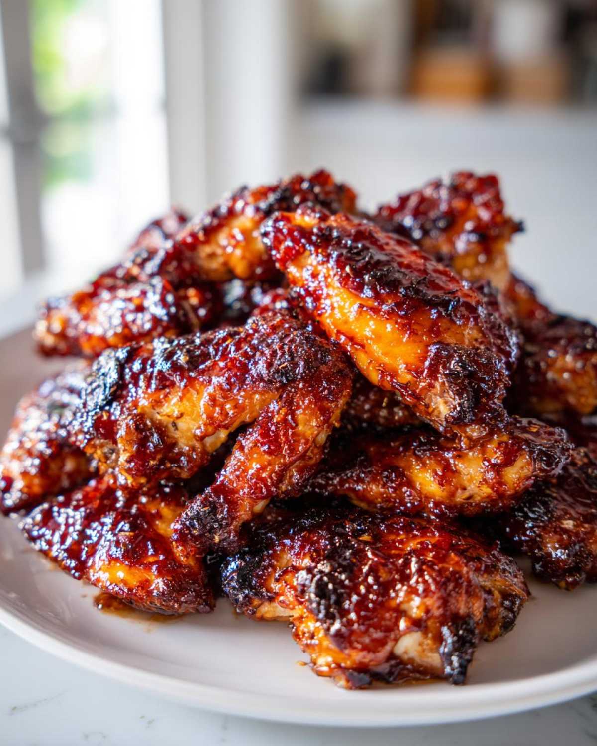 A close-up mound of perfectly cooked Sticky BBQ Chicken Bites glistening with a dark, caramelized glaze.