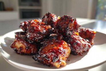 A close-up of glistening, dark glazed Sticky BBQ Chicken Bites piled on a white plate, showing caramelized edges.