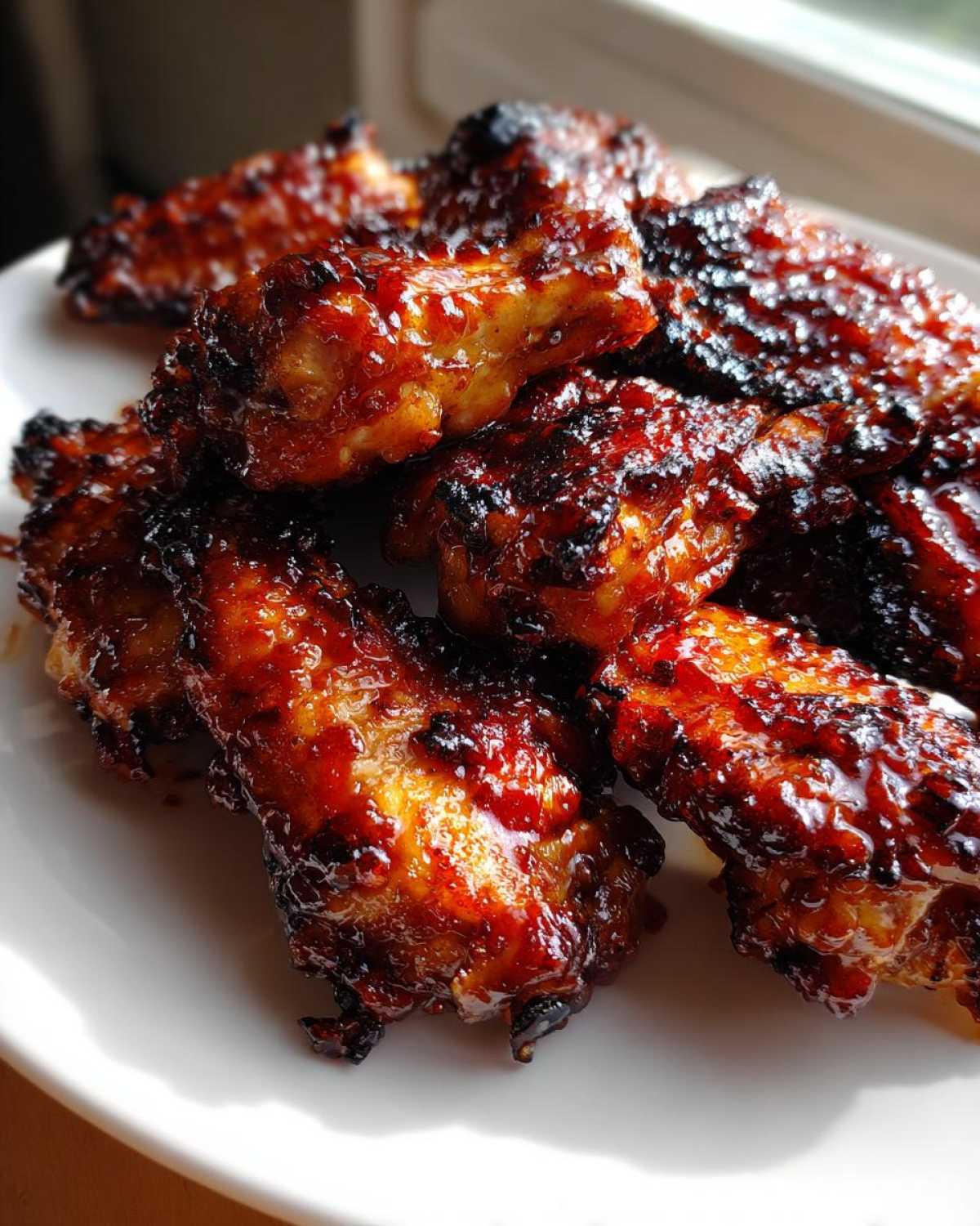 Close-up of several Sticky BBQ Chicken Bites with a dark, glossy, caramelized glaze piled on a white plate.