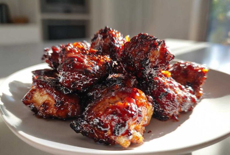 A close-up of glistening, dark glazed Sticky BBQ Chicken Bites piled on a white plate, showing caramelized edges.