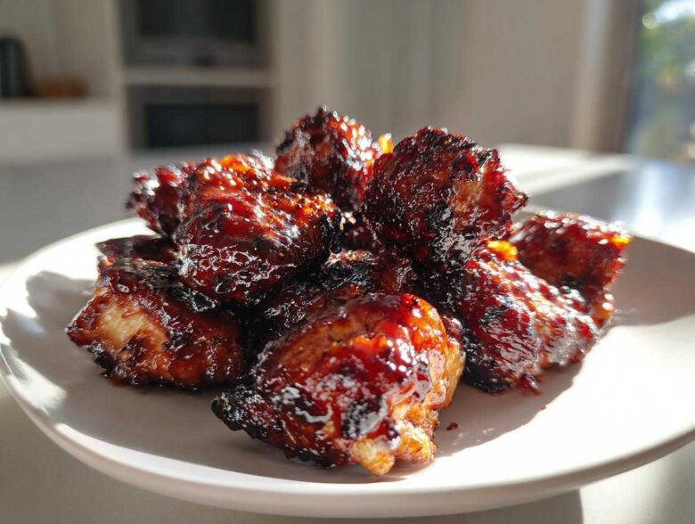 A close-up of glistening, dark glazed Sticky BBQ Chicken Bites piled on a white plate, showing caramelized edges.