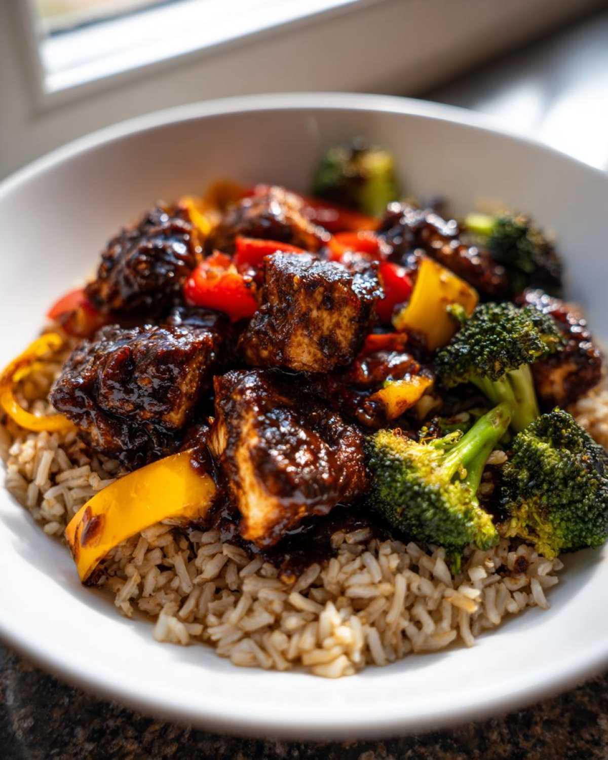 Close-up of a Sticky BBQ Chicken Bowl with Veggies served over brown rice in a white bowl.