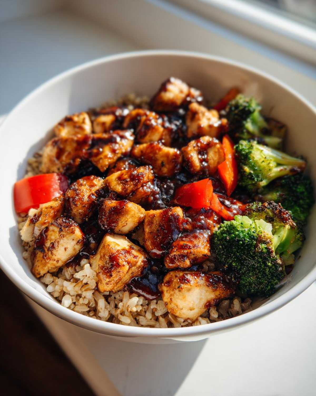 A white bowl filled with Sticky BBQ Chicken Bowl with Veggies, featuring glazed chicken pieces over brown rice with broccoli and red peppers.