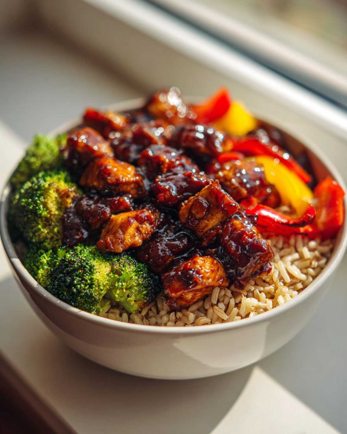Close-up of a Sticky BBQ Chicken Bowl with Veggies served over brown rice, featuring glossy chicken pieces, bright green broccoli, and red/yellow peppers.