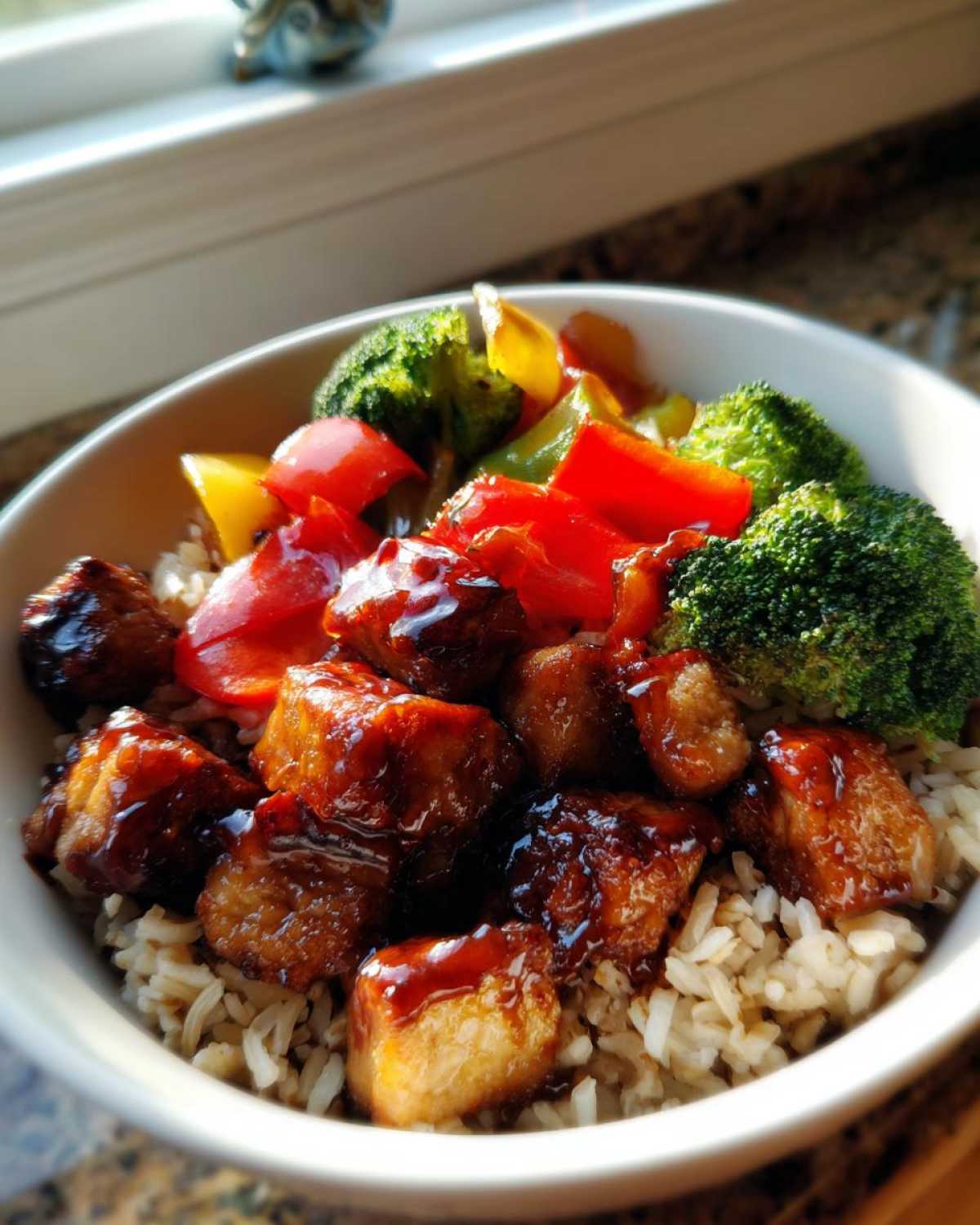 A close-up of a Sticky BBQ Chicken Bowl with Veggies served over brown rice, featuring glazed chicken pieces and colorful peppers and broccoli.