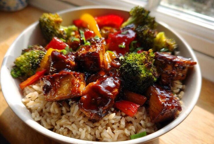 A close-up of a Sticky BBQ Chicken Bowl with Veggies served over brown rice, glistening with sauce.