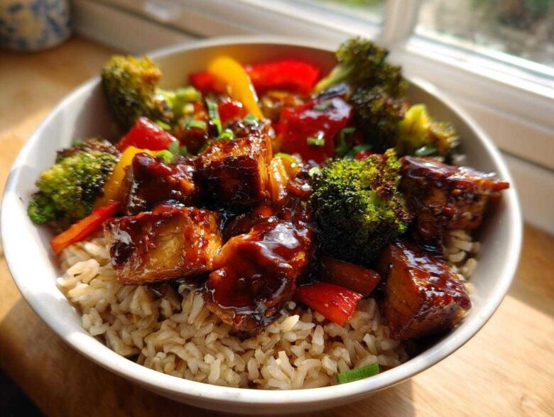 A close-up of a Sticky BBQ Chicken Bowl with Veggies served over brown rice, glistening with sauce.