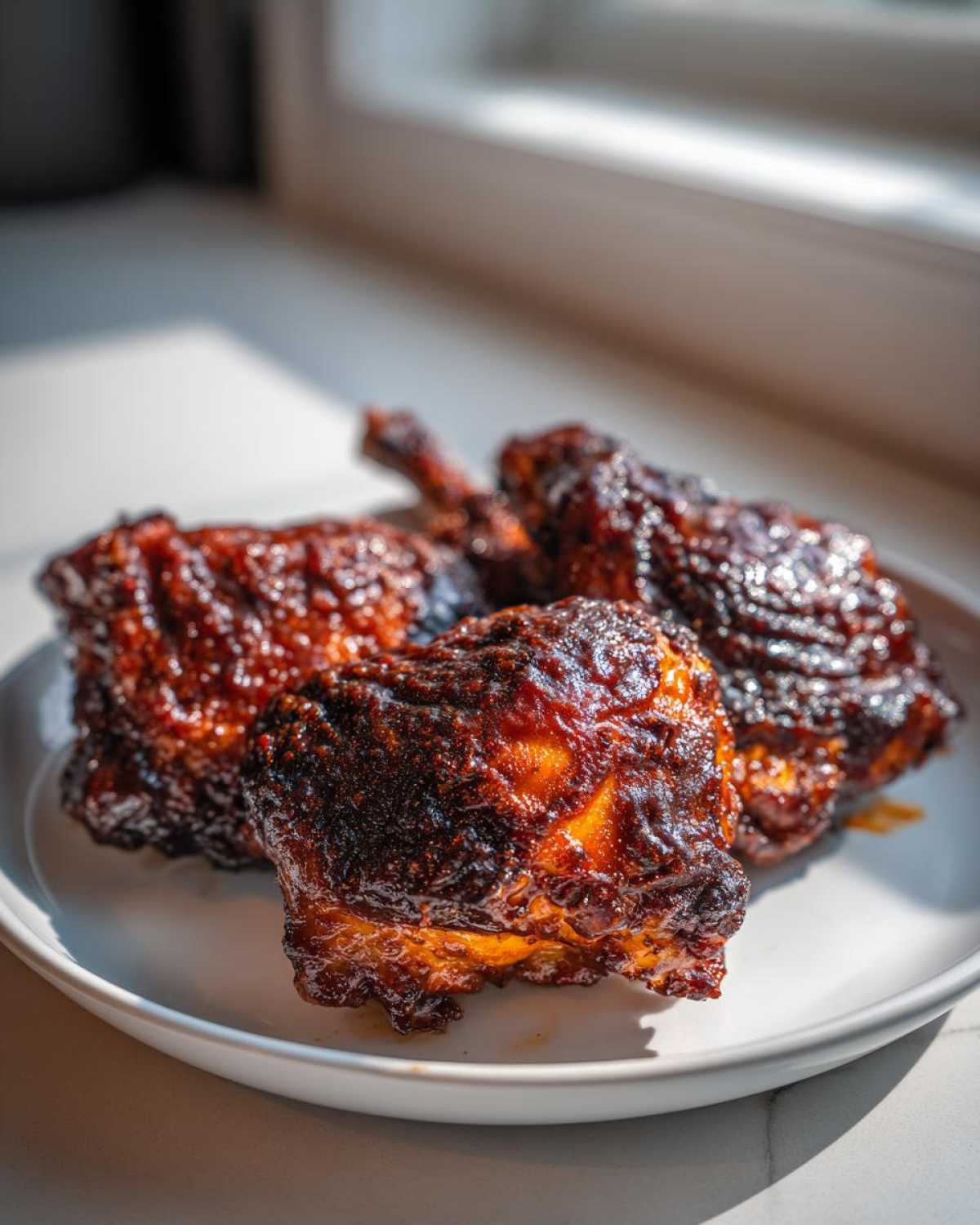 Four pieces of Sticky BBQ Chicken Thighs with crispy, caramelized edges piled on a white plate.