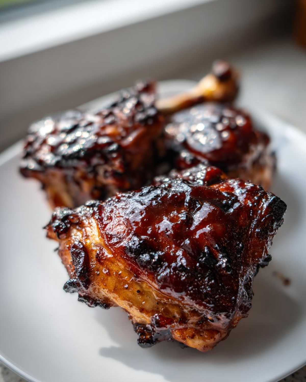 Close-up of perfectly cooked Sticky BBQ Chicken Thighs with a dark, glossy, caramelized sauce and crispy edges.