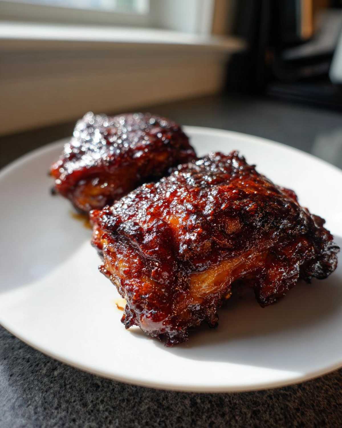 Two glistening, dark brown Sticky BBQ Chicken Thighs with crispy edges served on a white plate.