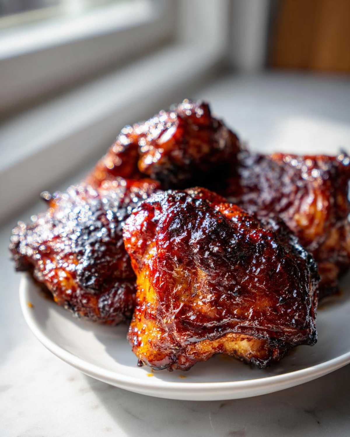 Four glistening Sticky BBQ Chicken Thighs with crispy, caramelized edges piled on a white plate.
