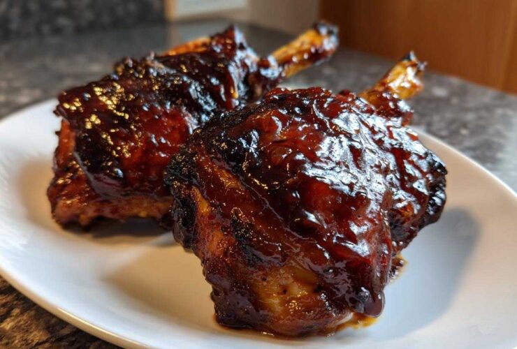 Two glazed, dark brown Sticky BBQ Chicken Thighs with crispy edges resting on a white plate.