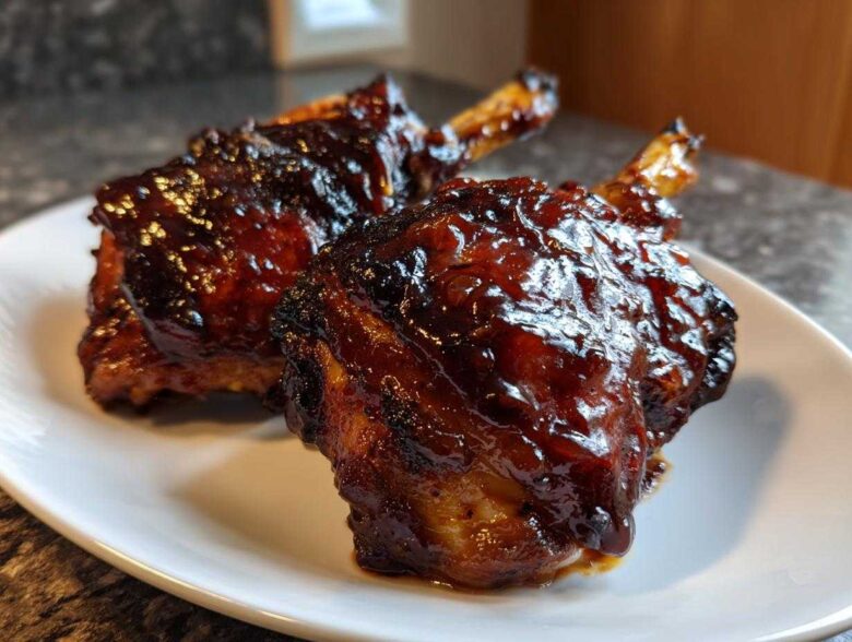Two glazed, dark brown Sticky BBQ Chicken Thighs with crispy edges resting on a white plate.