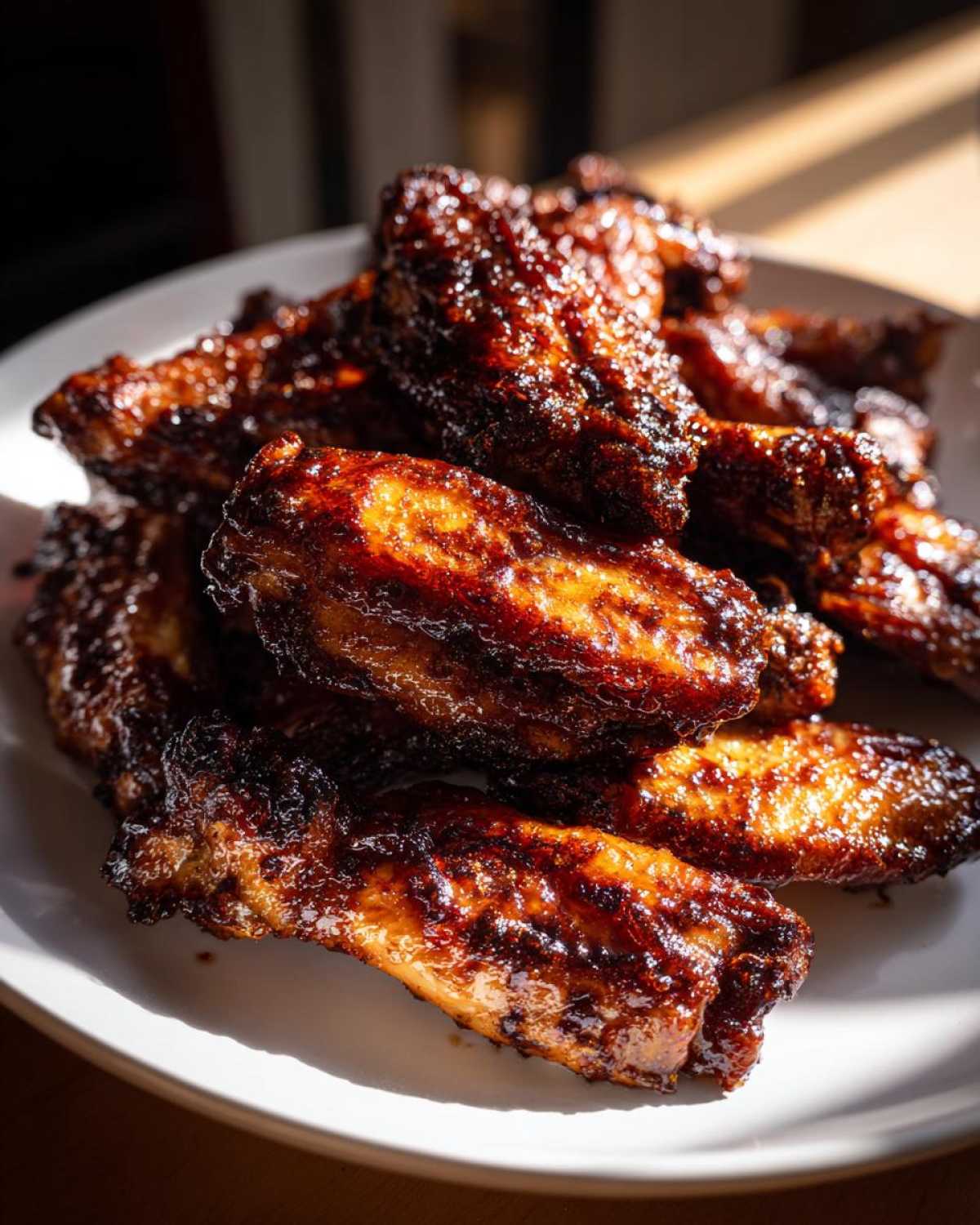 A pile of glistening Sticky BBQ Chicken Wings with Honey Glaze stacked on a white plate, showing a deep caramelized crust.
