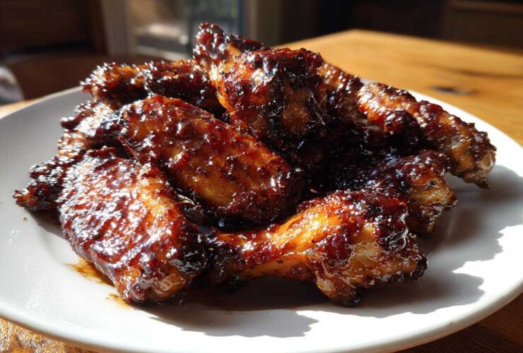 A plate piled high with glistening Sticky BBQ Chicken Wings with Honey Glaze, catching the sunlight.