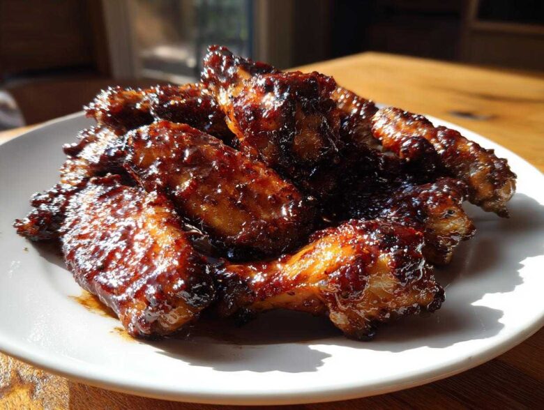 A plate piled high with glistening Sticky BBQ Chicken Wings with Honey Glaze, catching the sunlight.