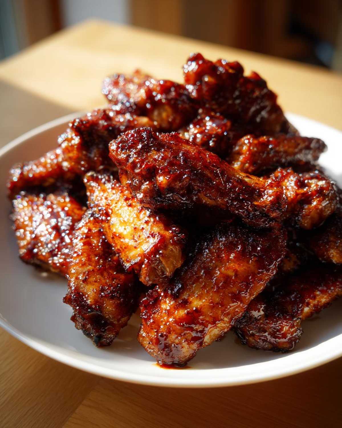 A close-up of a pile of Sticky BBQ Chicken Wings with Honey Glaze, glistening under natural light on a white plate.
