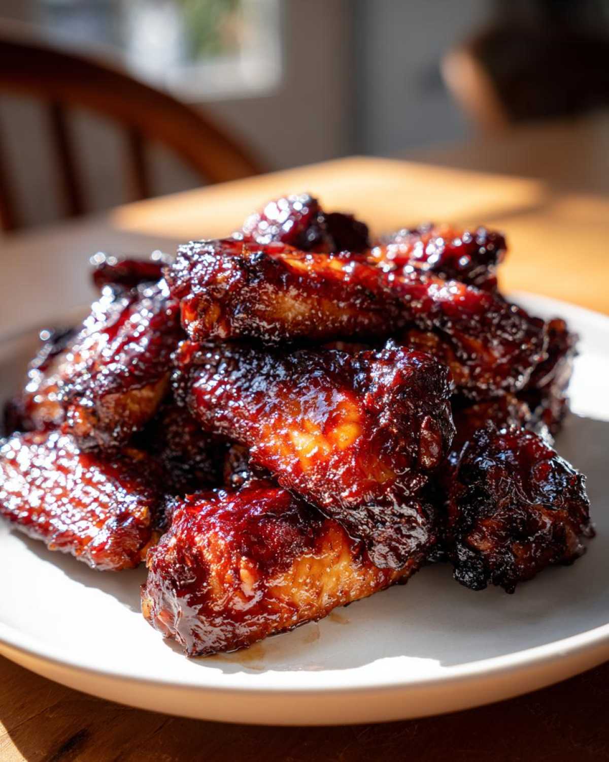 A pile of glistening, dark, Sticky BBQ Chicken Wings with Honey Glaze stacked on a light plate.