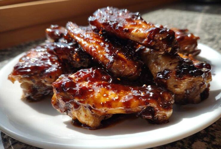 Close-up of sticky, glazed Honey Garlic Chicken Wings Oven Baked piled on a white plate.