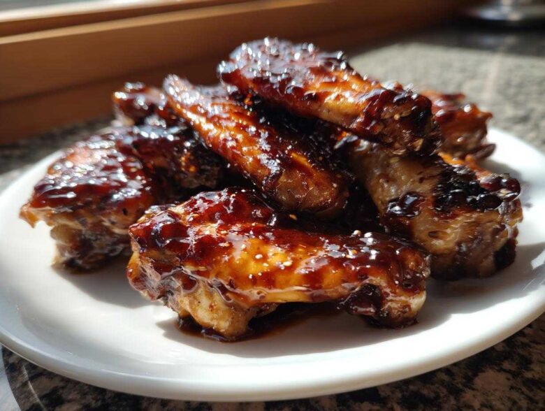 Close-up of sticky, glazed Honey Garlic Chicken Wings Oven Baked piled on a white plate.