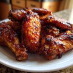 A close-up of glistening, caramelized Sticky Honey Garlic Wings Oven Baked piled high on a white plate.