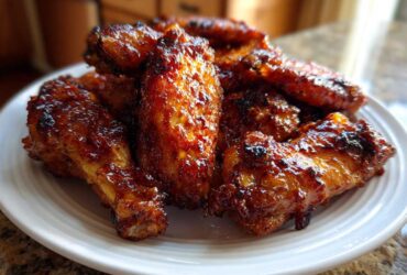 A close-up of glistening, caramelized Sticky Honey Garlic Wings Oven Baked piled high on a white plate.