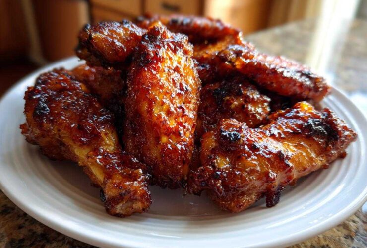 A close-up of glistening, caramelized Sticky Honey Garlic Wings Oven Baked piled high on a white plate.