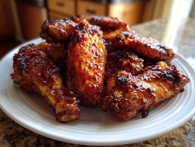 A close-up of glistening, caramelized Sticky Honey Garlic Wings Oven Baked piled high on a white plate.