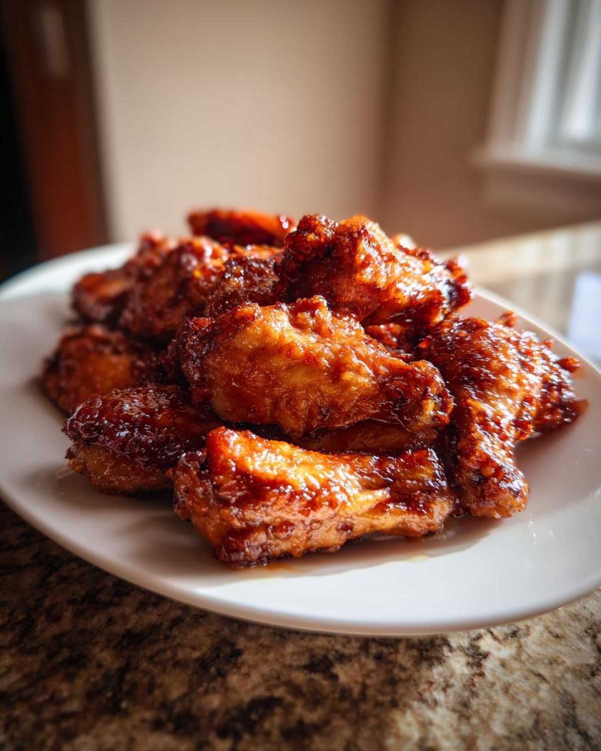 A pile of glistening, saucy Sticky Honey Garlic Wings Oven Baked served on a white plate.