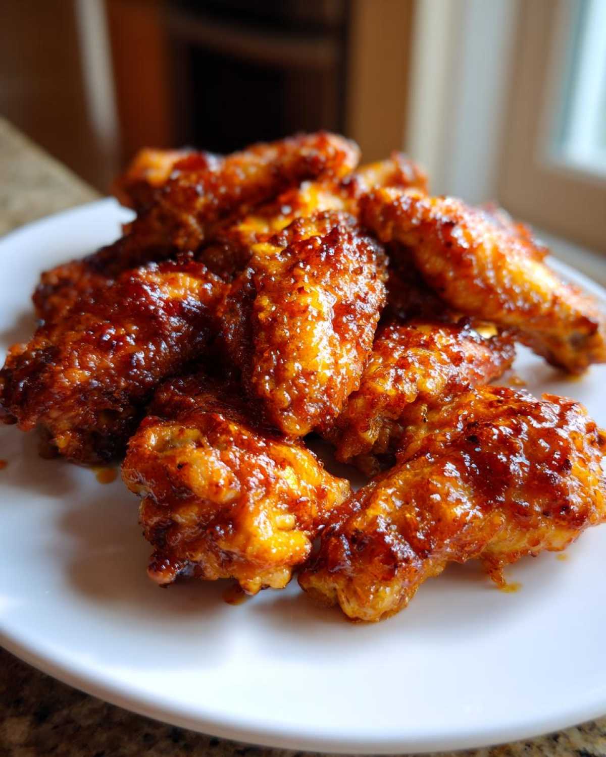 Close-up of several glazed Sticky Honey Garlic Wings Oven Baked piled high on a white plate.