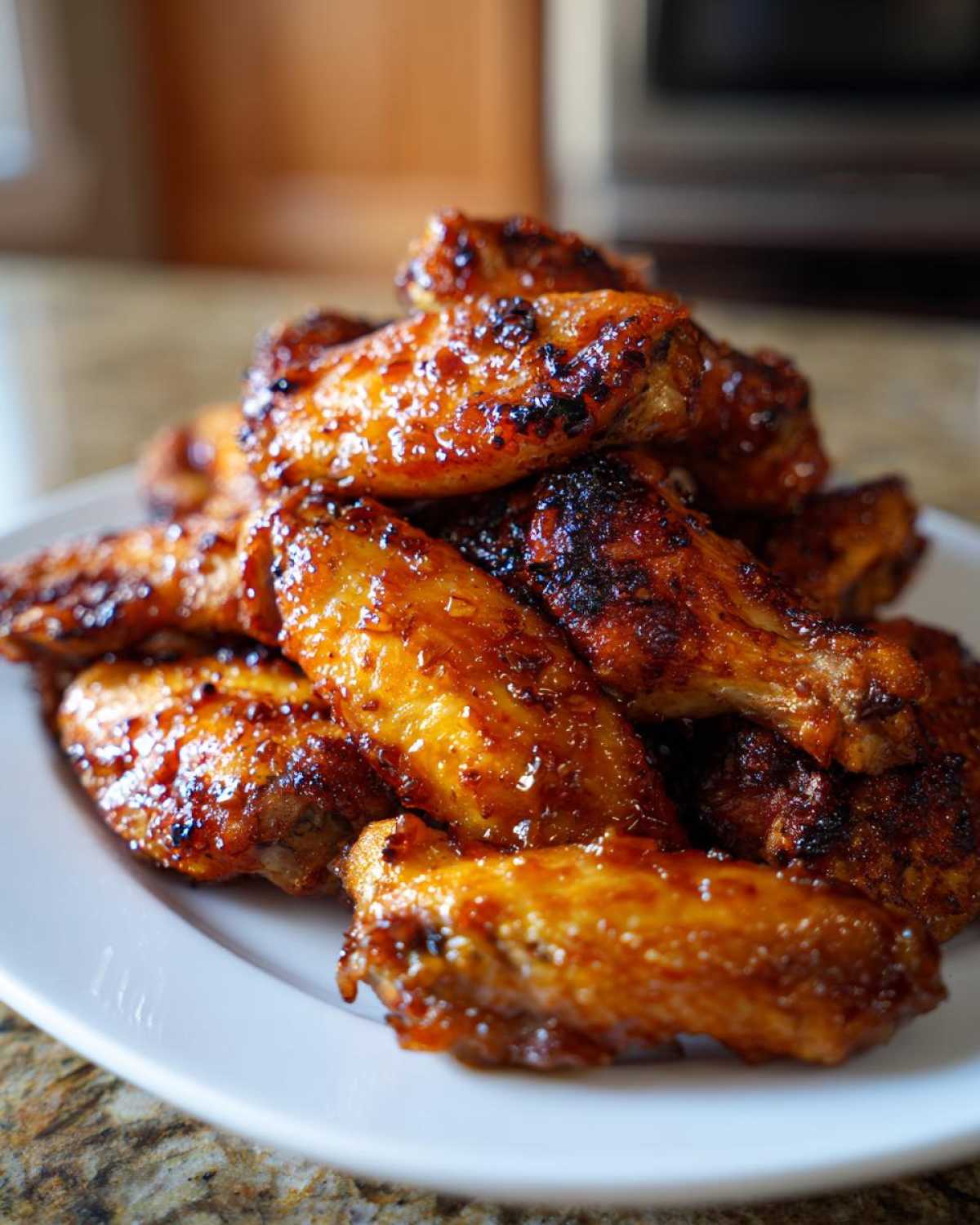 A pile of glistening, caramelized Sticky Honey Garlic Wings Oven Baked stacked high on a white plate.