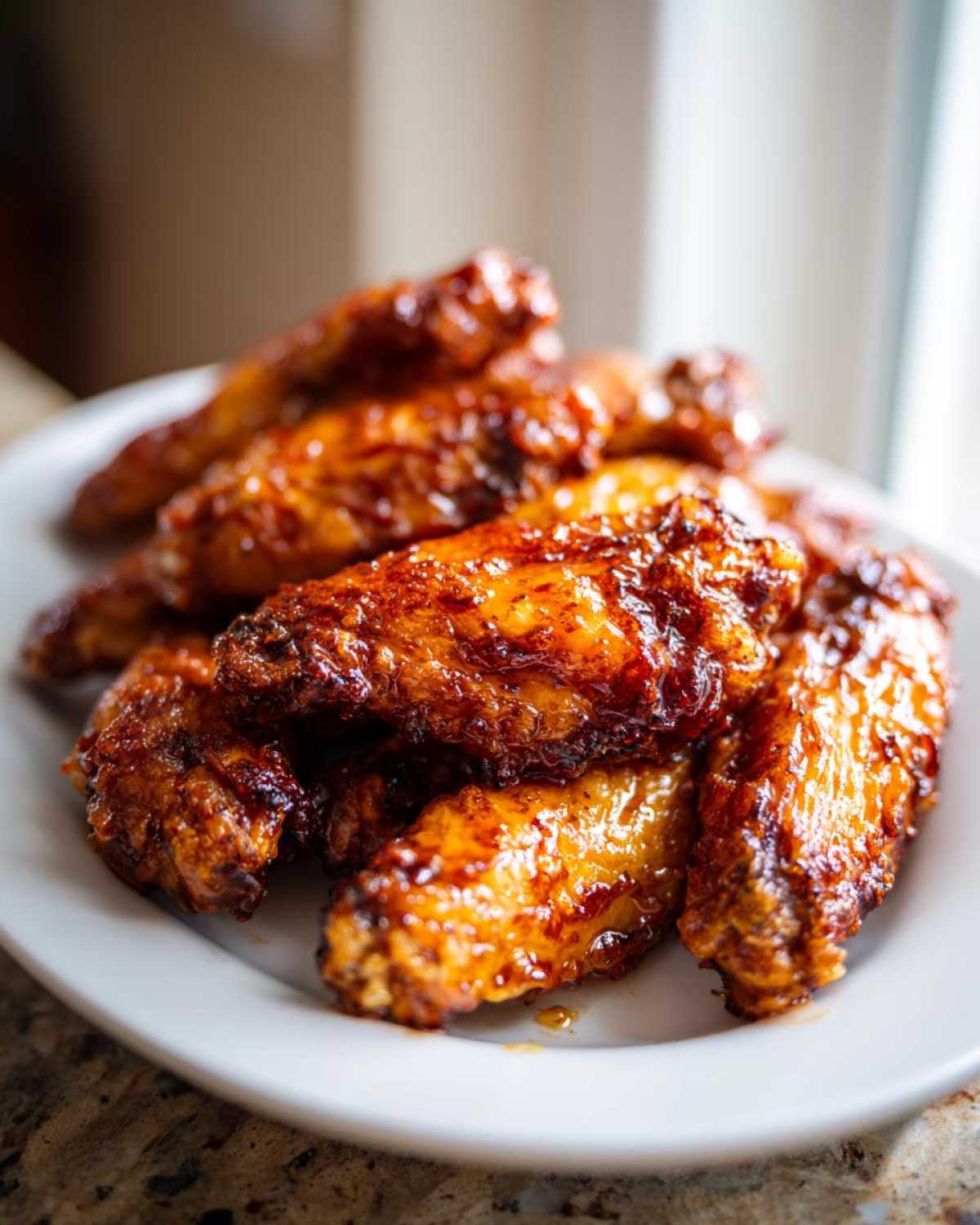 Close-up of crispy, glazed Sticky Honey Garlic Wings Oven Baked piled high on a white plate.