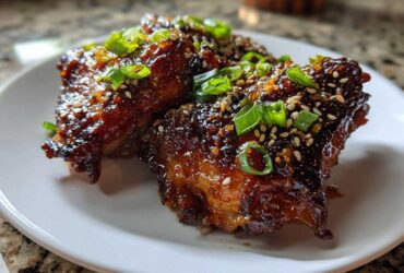 Close-up of two Sticky Honey Soy Chicken Thighs with Garlic, coated in a dark, glossy sauce and topped with sesame seeds and green onions.